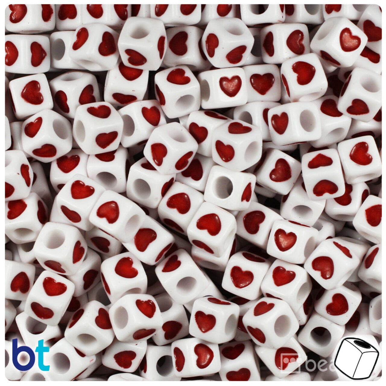 BeadTin White Opaque 7mm Cube Plastic Alpha Beads - Red Hearts (150pcs)
